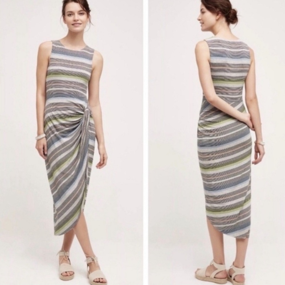 Bailey 44 Gathered Stripes Midi Dress Small Casual Coastal Minimalist Earthy